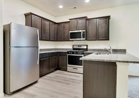 Upgraded kitchen with stainless steel appliances, granite countertops, and a large basin undermount sink.