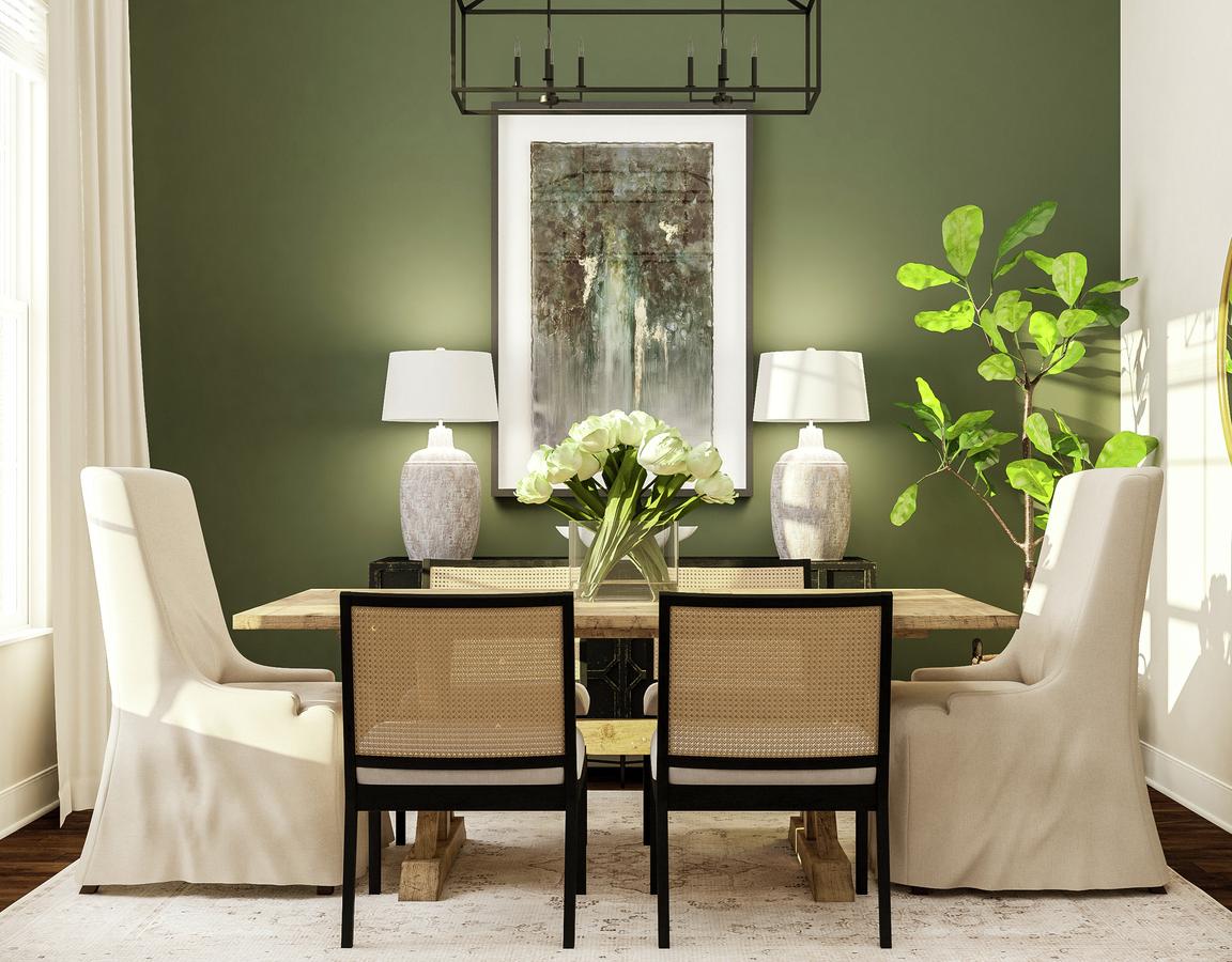 Rendering of dining room showing a wood
  dining table and chairs along a green accent wall under a black light fixture
  with dark wood look flooring throughout.