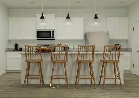Rendering of the kitchen in the York,
  which has an island with four chairs set at it, white cabinetry and stainless
  steel appliances.