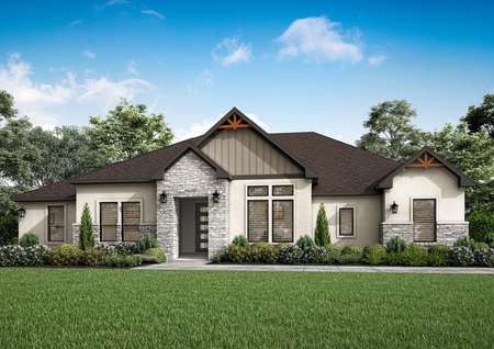 The Thunderbird is a single-story home with light stucco, stone and gray siding.
