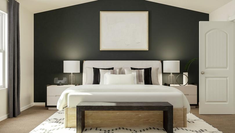 Rendering of the large master bedroom
  with vaulted ceiling. A large bed is between two nightstand and a large
  painting hangs above the bed.