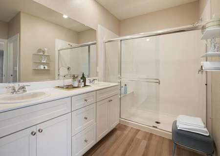 Staged master bath with a dual-sink vanity and spacious walk-in shower.
