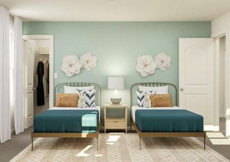 Rendering of a secondary bedroom
  featuring child sized furniture and sleek carpet flooring.