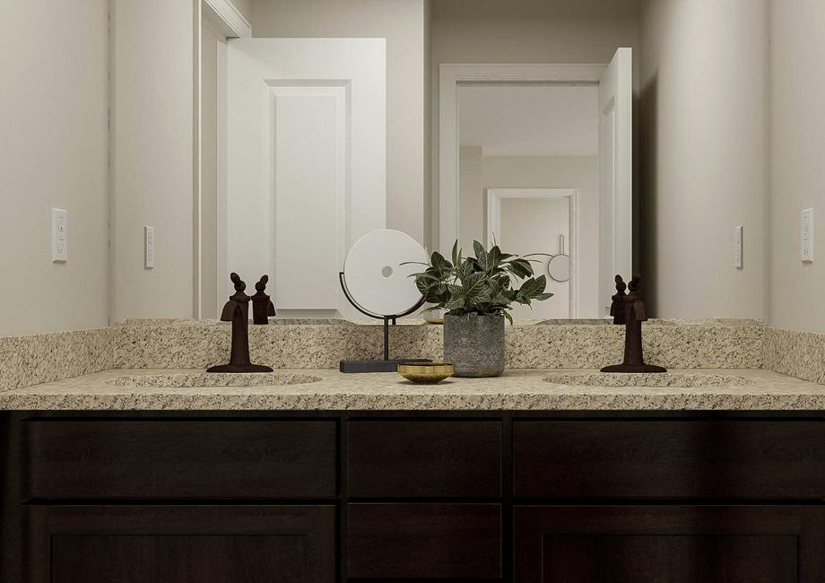 Rendering of a full bath showing the
  double-sink vanity with bronze faucets, brown cabinetry and a mirror.