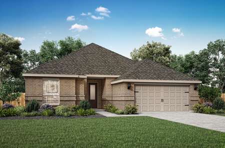 Artist illustration of the one-story Houghton by LGI Homes with beige colored brick and cream paint trim.