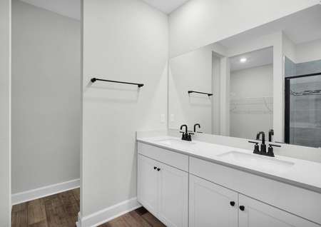 The master bathroom has a large vanity and a walk-in shower