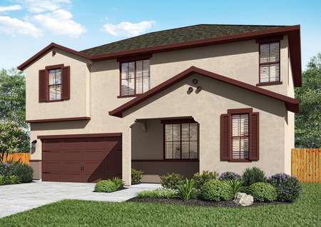 The Malibu plan has a beautiful stucco exterior and the added charm of window shutters.