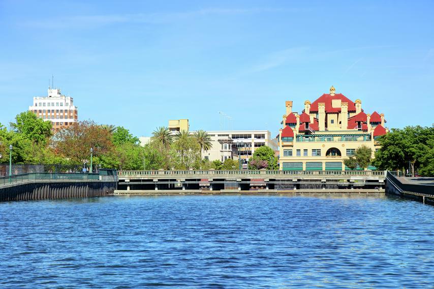 Downtown Stockton featuring waterfront views.