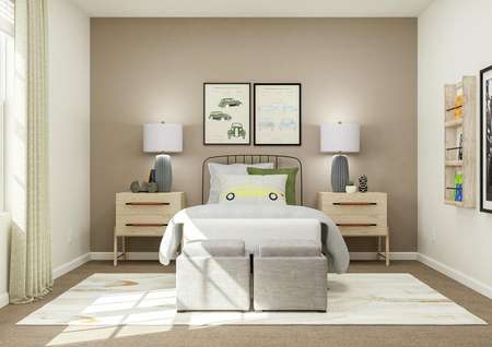 Rendering of a children's bedroom with
  twin-size bed and nightstands. The room has a large window and carpeted
  flooring.