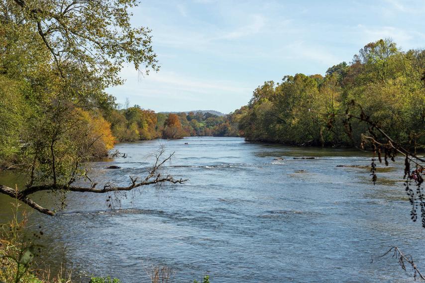 Fort Mill, South Carolina Asheville French Broad River with green trees lining the banks, flowing river water, and light cloudy skies in the background