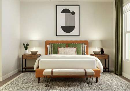 Rendering of a secondary bedroom  featuring a large bed, nightstands, bench, and large windows letting in the  natural light. A view of the large closet is to the left.