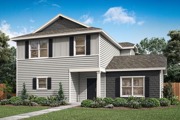 The Reynard has light gray siding and dark gray shake siding.