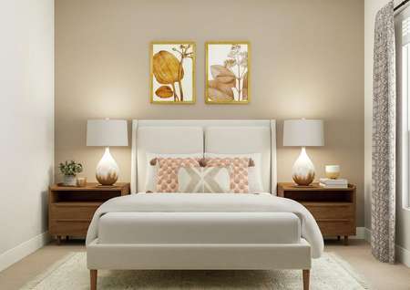 Rendering of the fourth bedroom focused
  on the large bed in front of an accent wall. A rug, two nightstands, lamps
  and paintings complete the room.