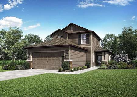 Renderings of the Tomoka floor plan that is painted light brown and has a lush green front grass yard.