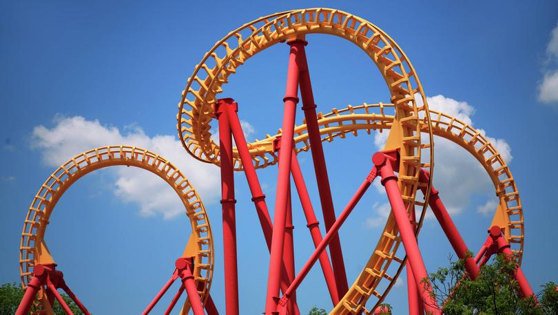 Oklahoma City, Oklahoma roller coaster with red and yellow tracks.