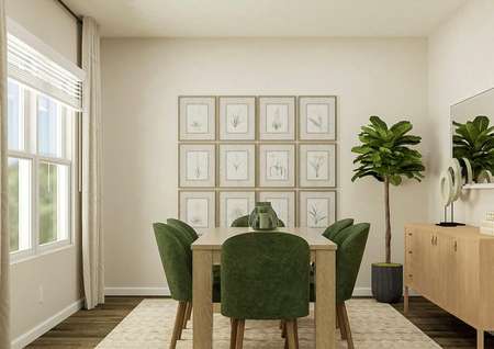 Rendering of the formal dining space,
  which has a large window and wood-look flooring. The room is furnished with a
  rectangular table, six green dining chairs, buffet, potted plant, gallery
  wall and a mirror.