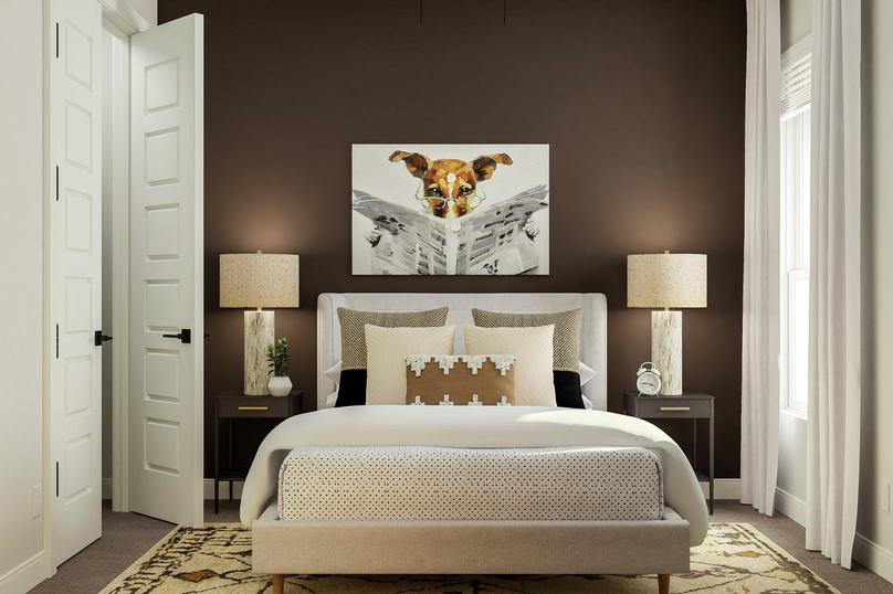 Rendering of a secondary bedroom with a
  large white bed along a brown accent wall featuring two nightstands and
  artwork. A large closet is to the left and a window to the right.