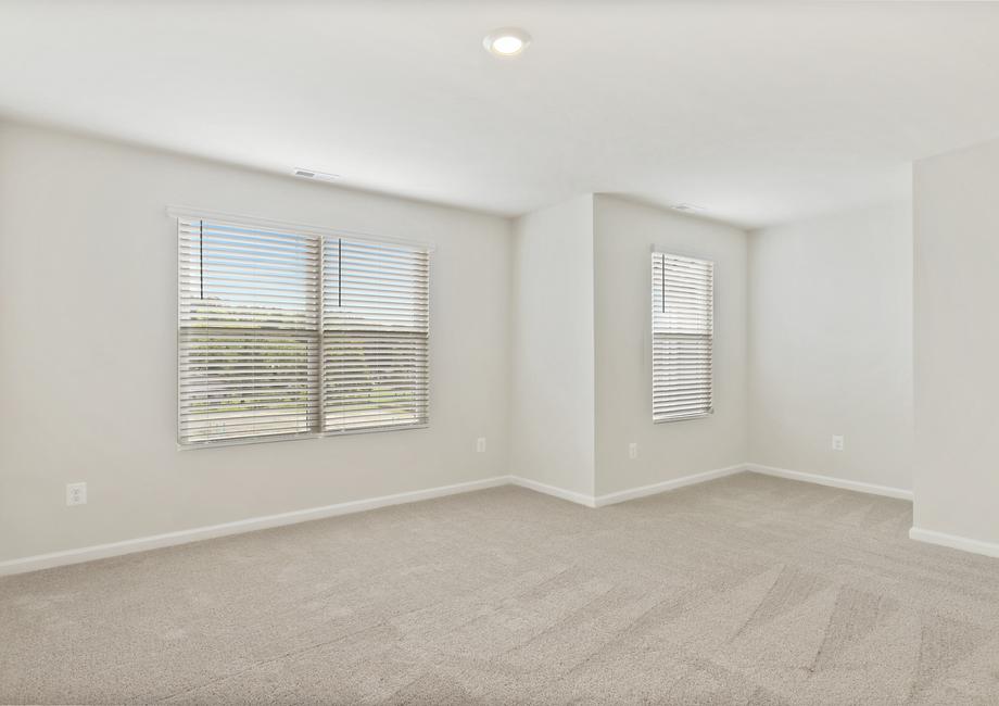 Master bedroom with carpet and windows.