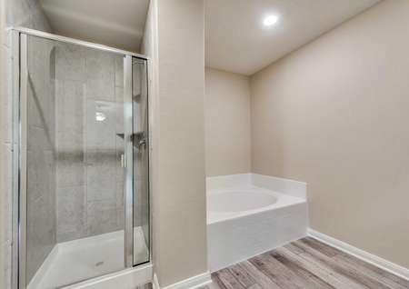 Ozark master bath with modern tub, walk-in shower and wood-styled flooring