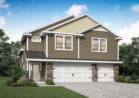 Artist rendering of the two-story Olmstead plan by LGI Homes in tan and beige siding with white trim and brown stone accents.