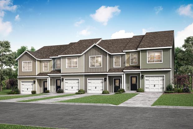 Artist rendering of a 4-unit townhome building with the Robertson II and Robertson floor plans in siding viewed from the right.