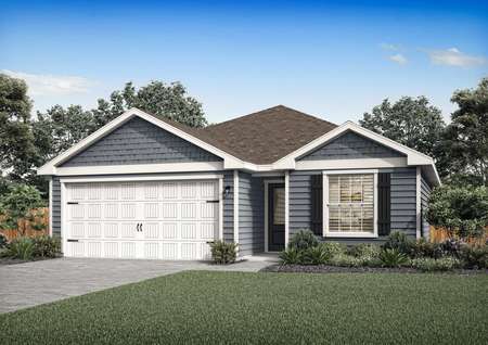 Rendering of the Frio with a two-car garage and shutters.