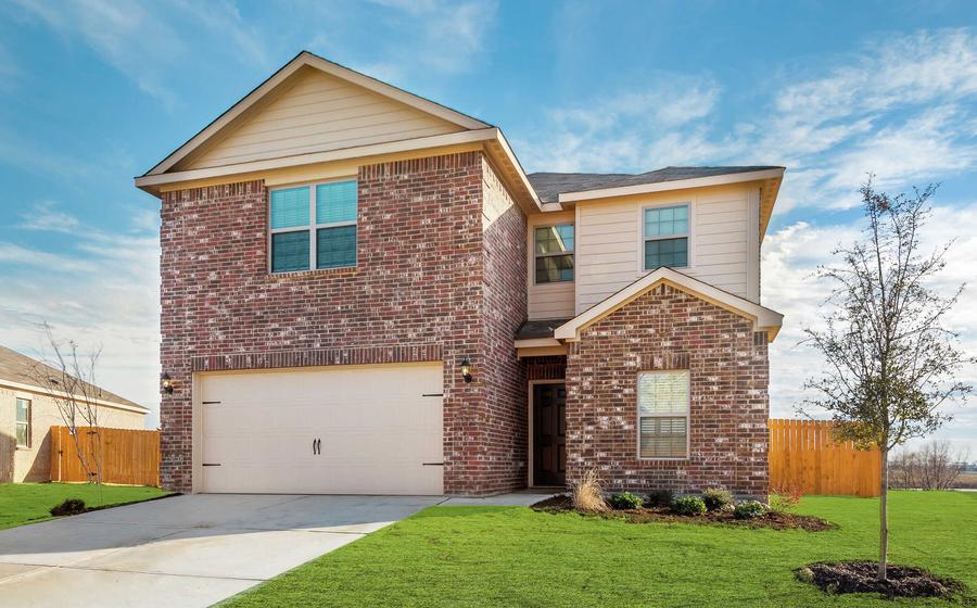 The Driftwood floor plan exterior with brick and siding.