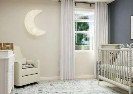 Rendering of a secondary bedroom with a
  window decorated as a nursery with a crib, dresser and cream armchair.