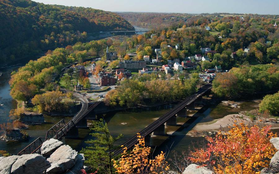 Harpers Ferry, WV Maryland Heights overhead shot of the town