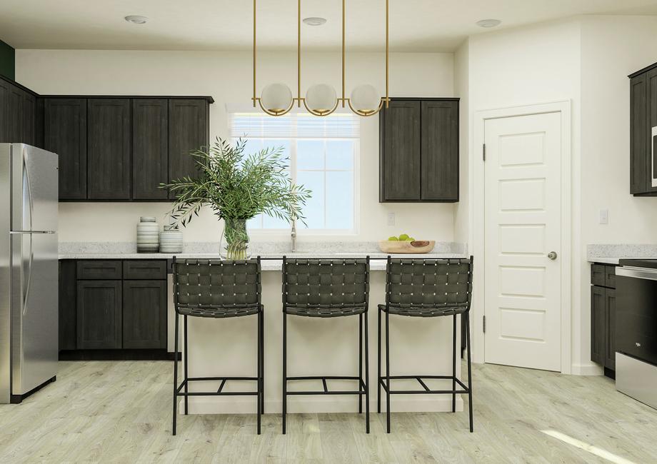 Rendering of the spacious kitchen in the
  Pismo highlighting the large island. The room has vinyl wood plank flooring,
  stainless steel appliances, granite countertops and dark wood cabinetry.