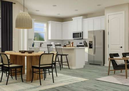 Rendering of dining area with wood-look
  flooring, rectangluar wooden table with chairs and rug, and the kitchen area
  behind that features white cabinetry.