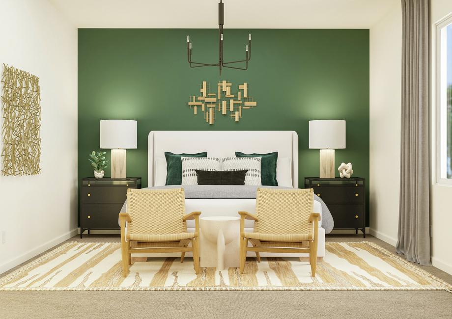 Rendering of the spacious master suite in
  the Pismo plan. A large bed is centered between two nightstands and two
  accent chairs are at the foot of the bed.