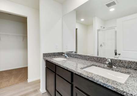 Master bathroom with double-sink vanity and an attached walk-in closet. 