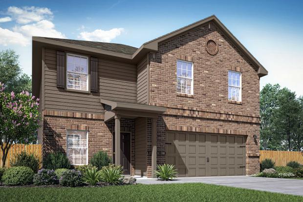 The renderings of the two-story Rio floor plan with brick walls, a brown door and a brown attached garage.