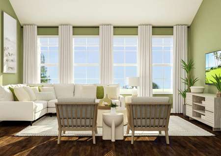 Rendering of living room area showing a
  white sectional couch along a green accent wall and large windows, a coffee
  table and accent chairs, and a media cabinet with tv on the right with dark
  wood look flooring throughout.