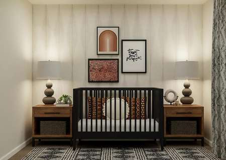 Rendering of a nursery with a black crib
  centered between two nightstands.