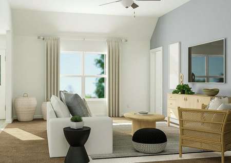 Rendering of living room with small
  couch, additional seating, large window and cabinet storage with tv above.
