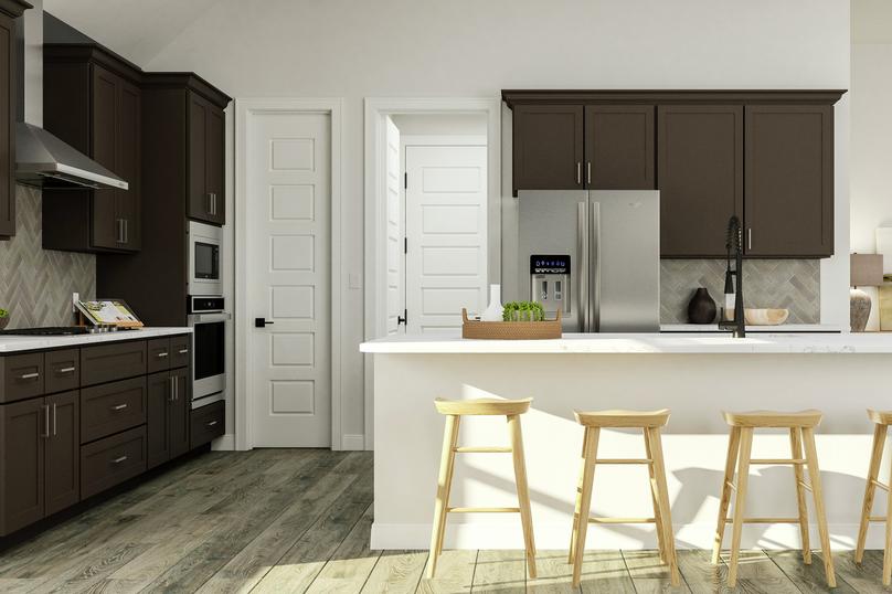 Rendering of the kitchen viewing four
  barstools at the island. Behind it is the refrigerator and to the side is the
  oven, microwave and stove with vent hood.