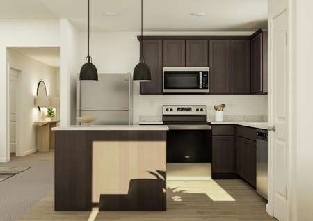 Rendering of the kitchen featuring dark
  wood cabinetry, stainless steel appliances and granite countertops.