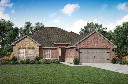 Artist rendering of the front elevation of the Hendrie C by LGI Homes with brick and stone accents.