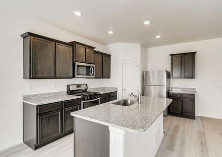 Pike plan's kitchen with huge island, beautiful cabinets, recessed lighting, stainless appliances
