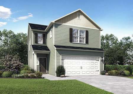 Ashley home plan exterior with green grass, plants, and dual car garage