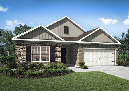 Rendering of the Burton single-level family home with brick siding, white trim with dark shutters, white 2-car garage and a professional landscaped front yard.