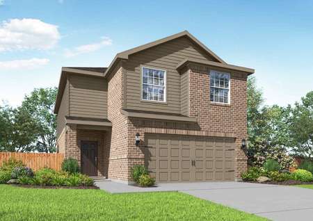 Artist rendering of the Mesquite by LGI Homes with brick and tan siding, two coach lights and front yard landscaping.