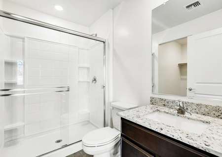 Master bath with walk-in shower, granite countertops and an attached walk-in closet.