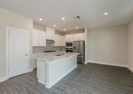 Open, chef-ready kitchen with quartz countertops, stainless steel appliances, recessed lighting and luxury vinyl plank flooring.