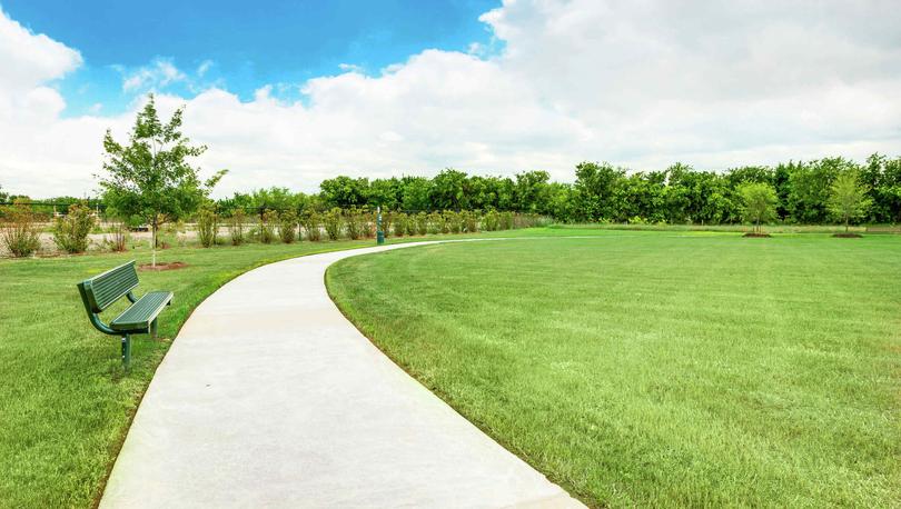 Beautiful park with a bench, walking trail and green grass.