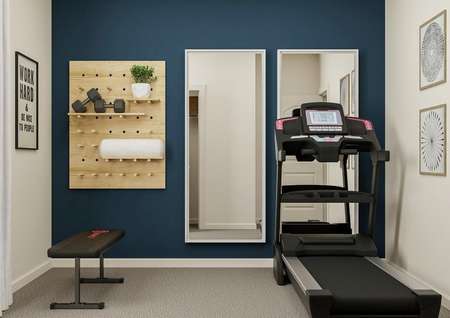 Rendering of a secondary bedroom
  converted into a home gym, featuring gym equipment and mirrors.