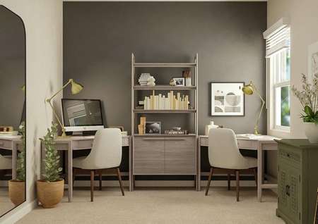 Rendering of a secondary bedroom
  showcasing two corner desks with a bookshelf between them, an accent wall
  painted a dark gray color, and a window. The room also has potted plants, a
  large mirror and a green chest.