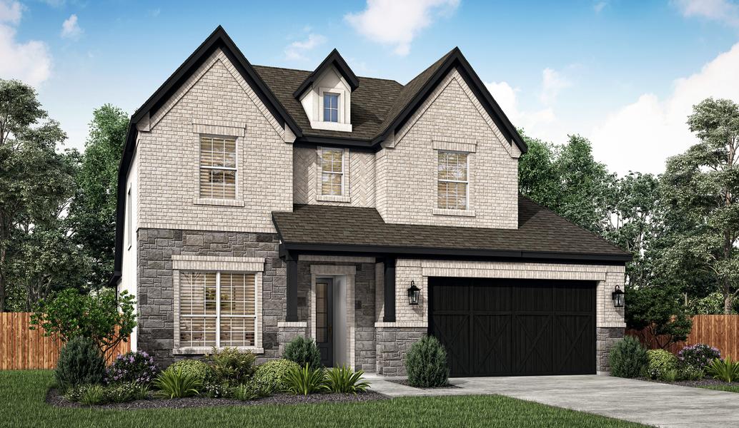 The Emma is a stunning, two-story home with light brick and stone.